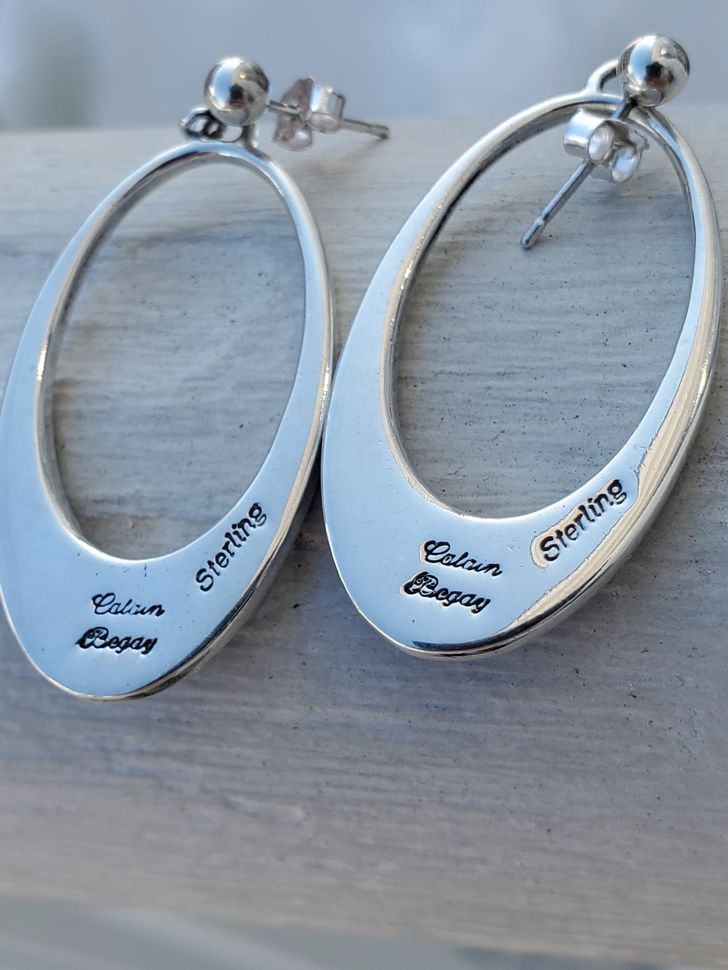 925 Sterling Silver Designer Calvin Begay Zuni Native American Tribal Oblong Lapiz Lazuli Dangling Earrings