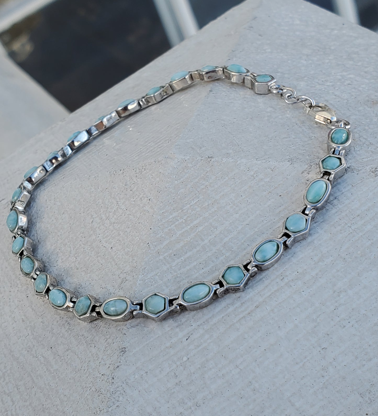 925 Sterling Silver Bezel Set Larimar Natural Stone Bracelet