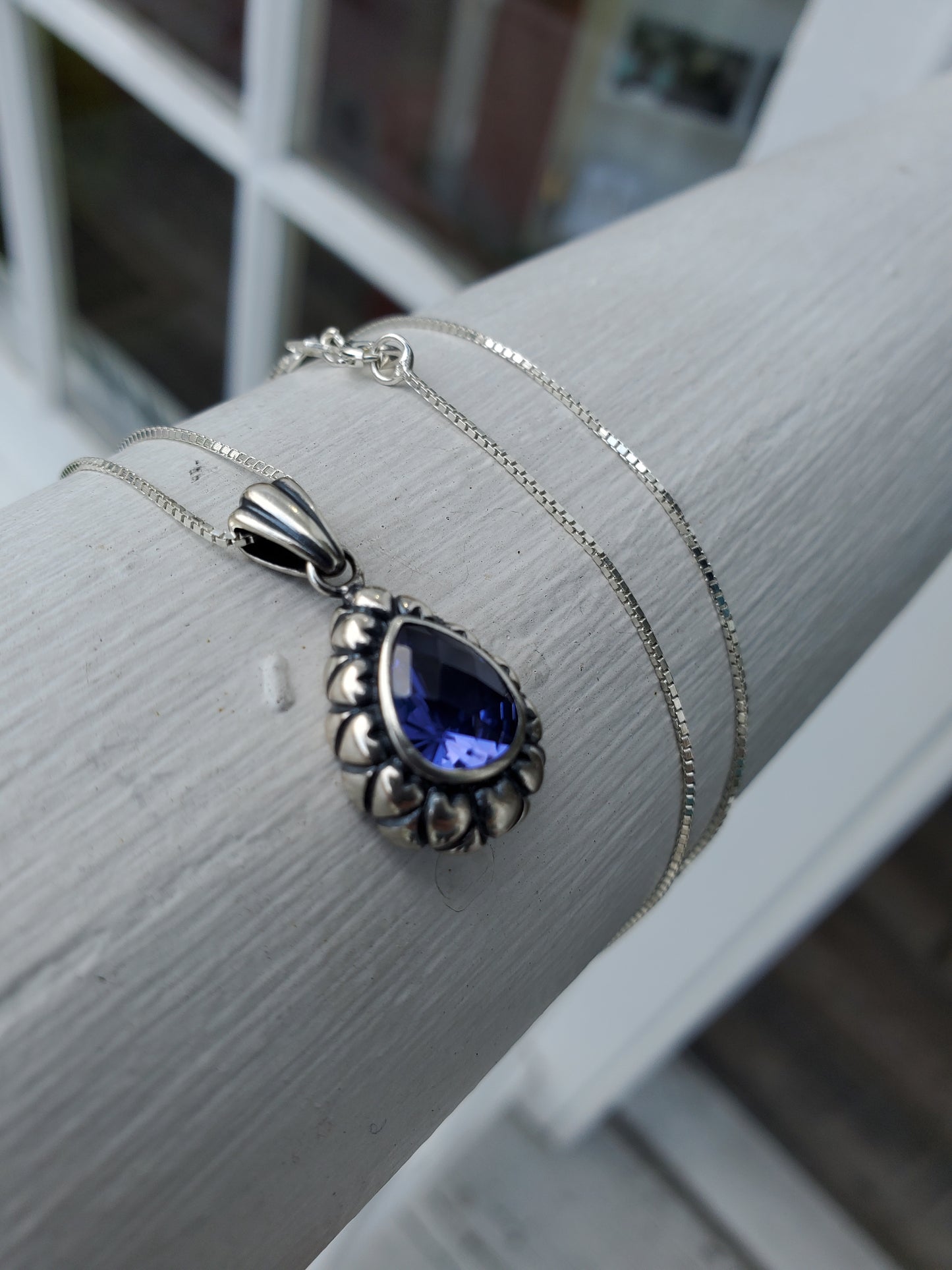 925 Sterling Silver Simulated Tanzanite Teardrop Necklace