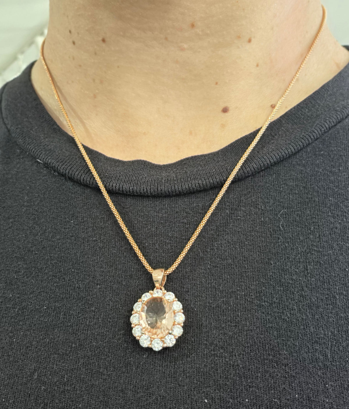 925 Sterling Silver Rose Vermeil Morganite & CZ Halo Solitare Necklace