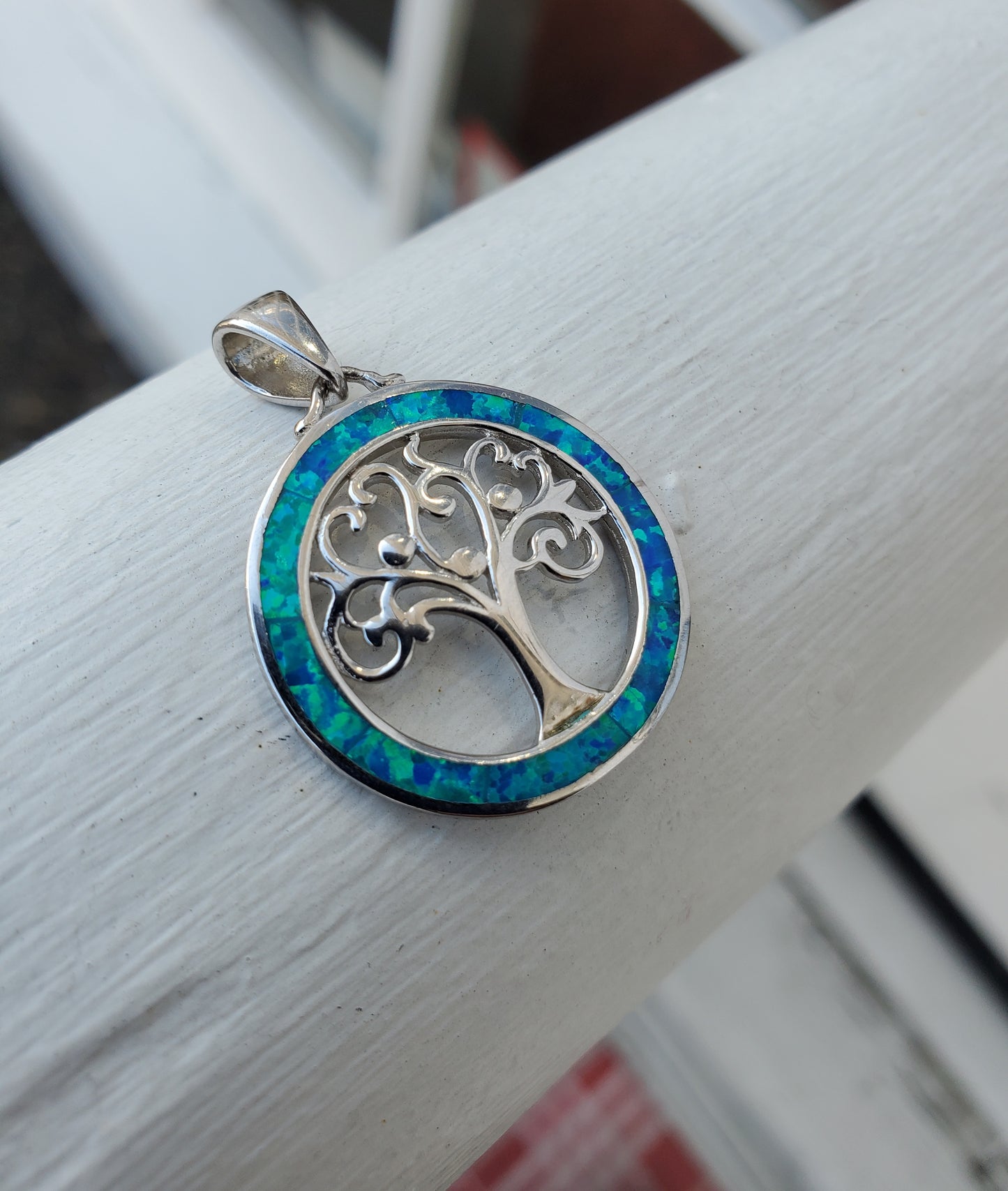 925 Sterling Silver Blue Opal Family Tree of Life Pendant Charm