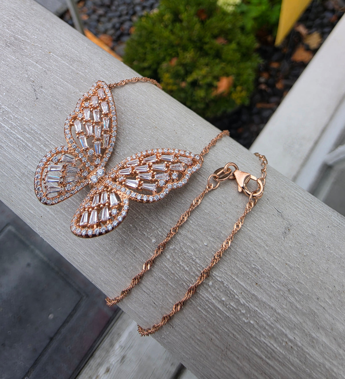 925 Sterling Silver Vermeil Sparkling Baguette Zirconia Butterfly Necklace