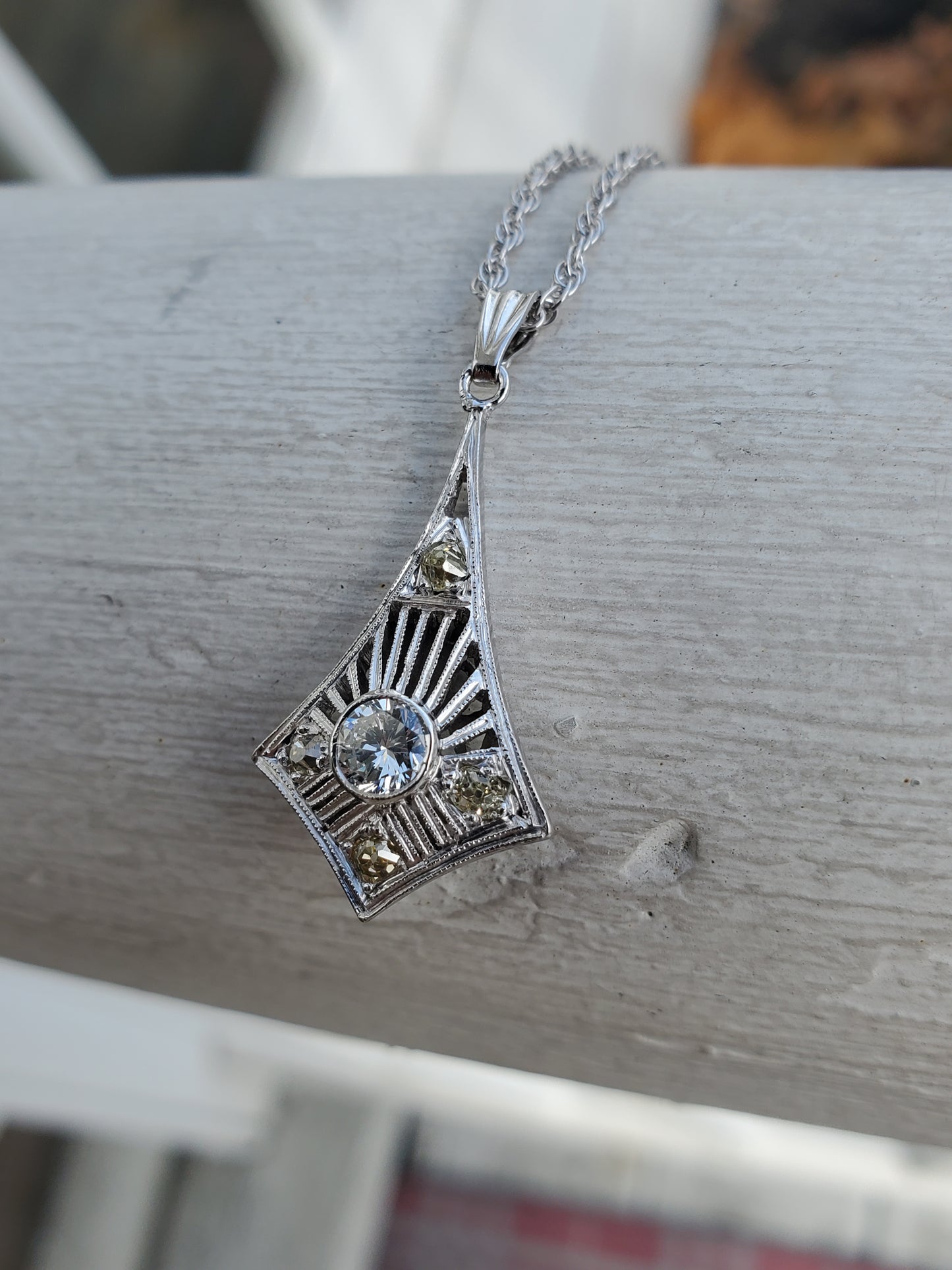 14k Solid White Gold Antique Vertical Diamond Art Deco Pendant Necklace