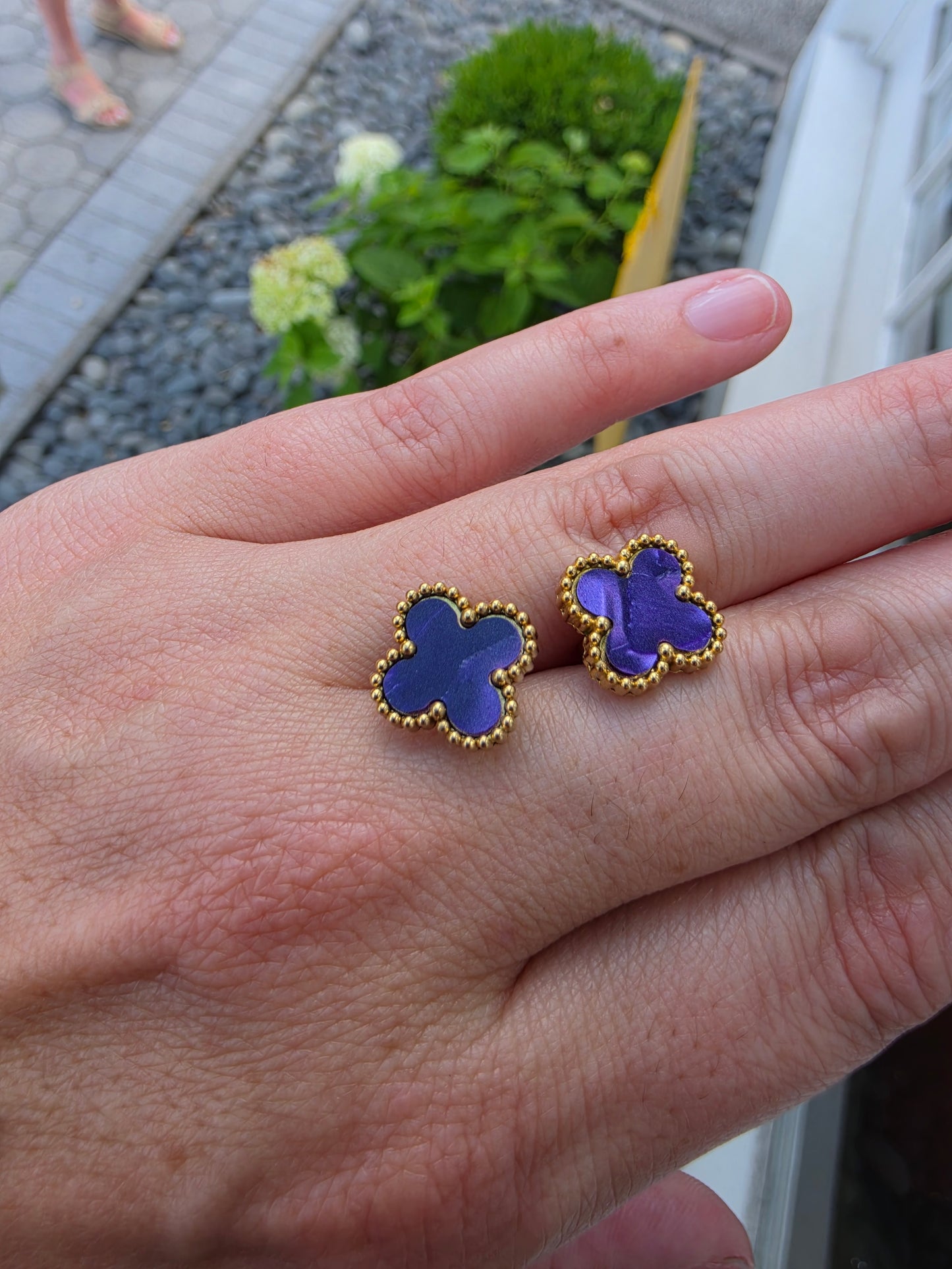 Stainless Steel Gold-plated Clover Station Van Cleef Style Purple Enamel Alhambra Necklace, Bracelet & Earring Gift Set