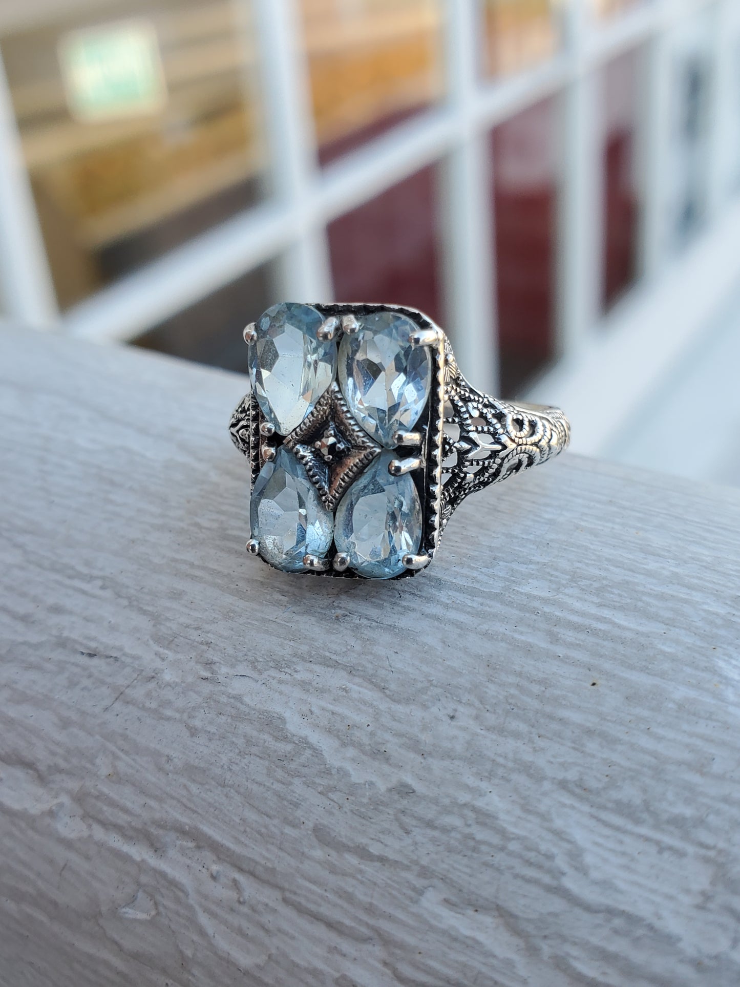 925 Sterling Silver Antique Genuine Aquamarine Grid Filagre Design Setting