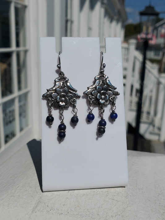 925 Sterling Silver Love Birds Floral Beaded Blue Lapis Dangle Earrings