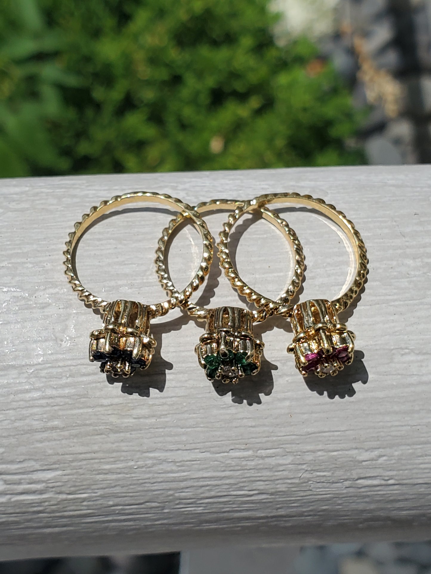 925 Sterling Silver Vermeil Natural Sapphire, Ruby, Emerald, & Diamond Flower Stack Rings