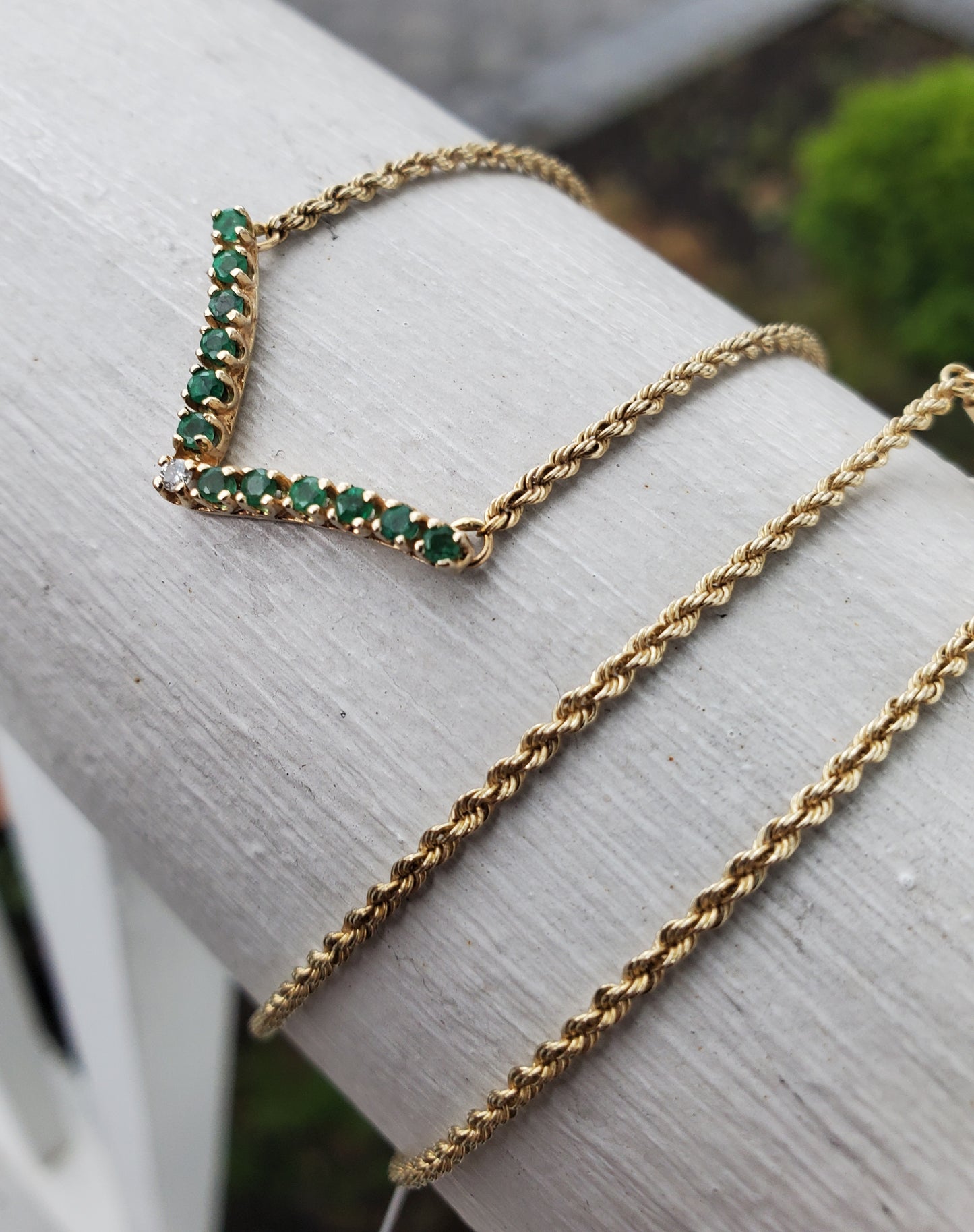14k Gold Genuine Emerald & Diamond V Necklace w/ solid gold rope chain