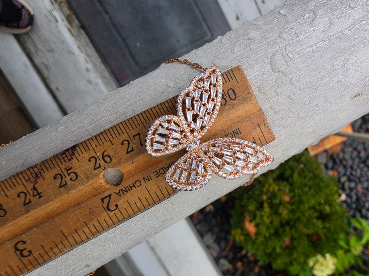 925 Sterling Silver Vermeil Sparkling Baguette Zirconia Butterfly Necklace