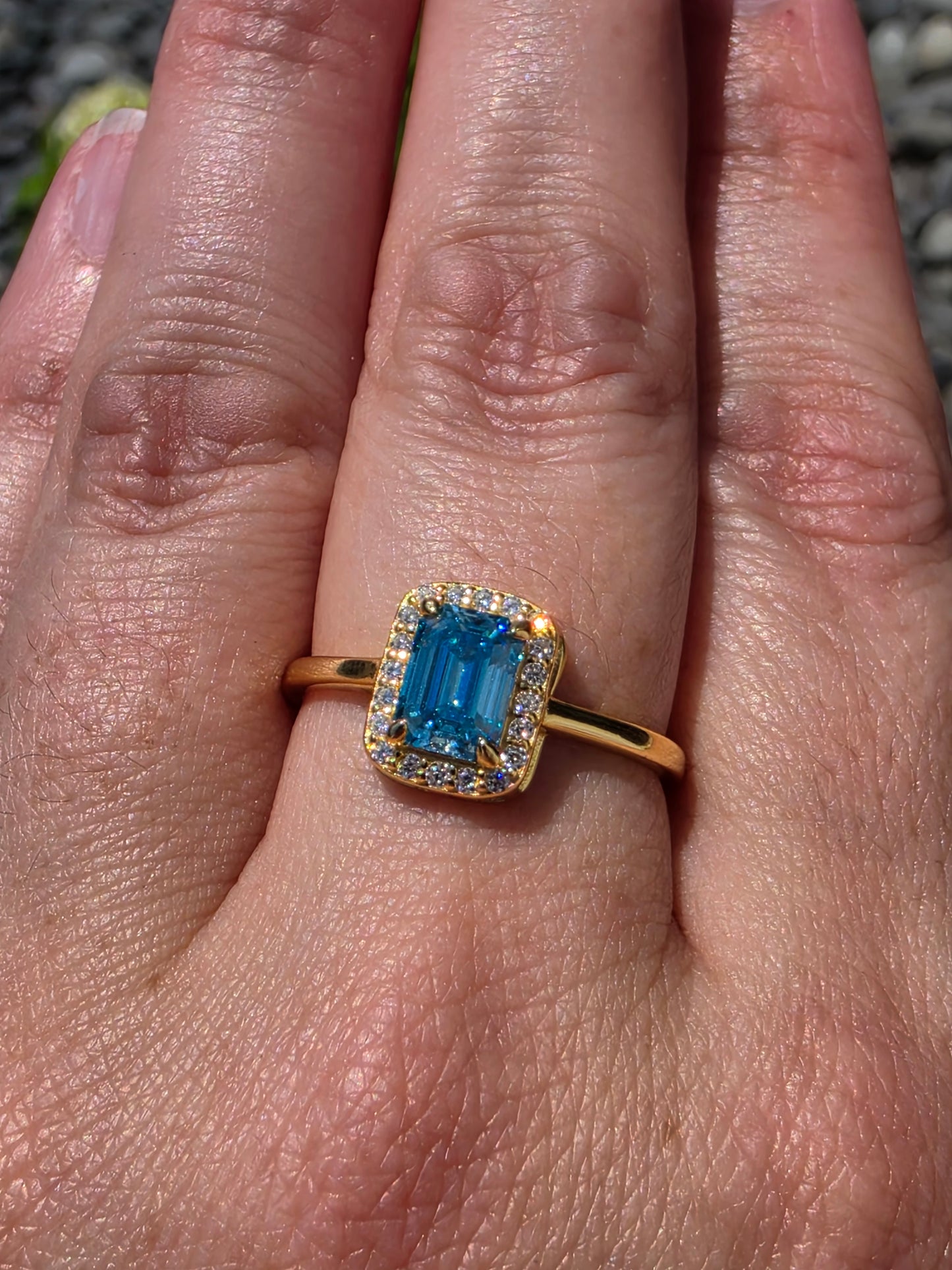 925 Sterling Silver 18k Vermeil Arctic Blue Emerald Cut Moissanite Ring w/Rlear Moissanite Halo