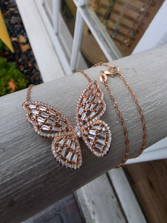 925 Sterling Silver Vermeil Sparkling Baguette Zirconia Butterfly Necklace