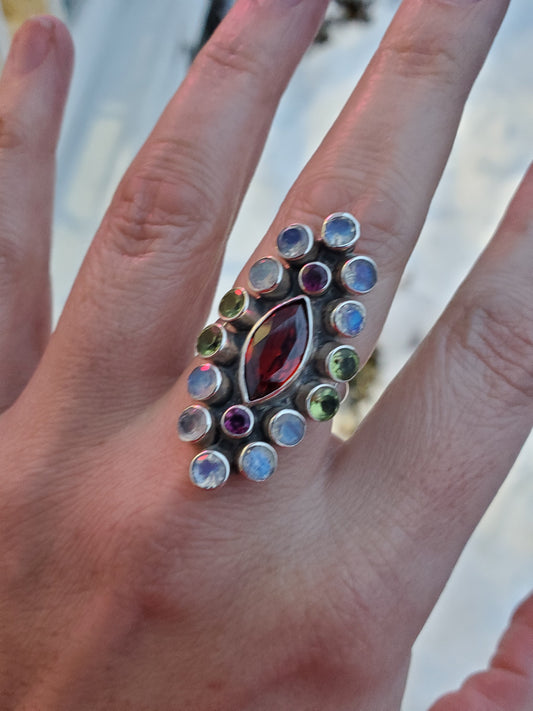 925 Sterling Silver Designer NB Nikki Butler Multi-colored Gemstone Shield Ring