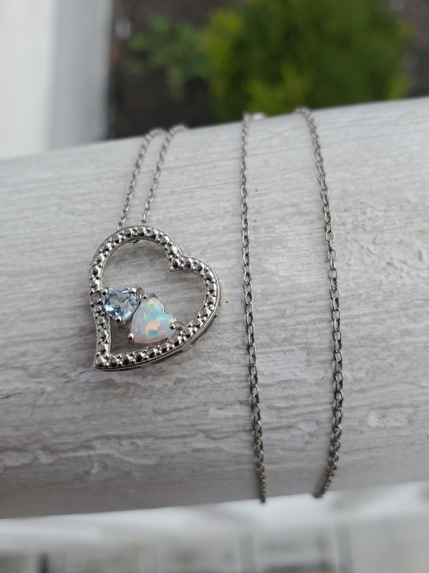 925 Sterling Silver Aquamarine & Opal Open Heart Pendant Necklace