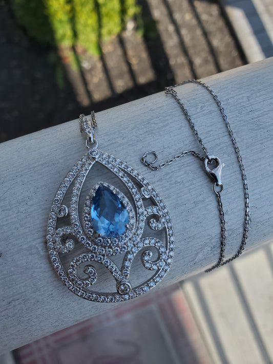 925 Sterling Silver 2ct Blue Topaz & Zirconia Large Teardrop Filagre Statement Necklace