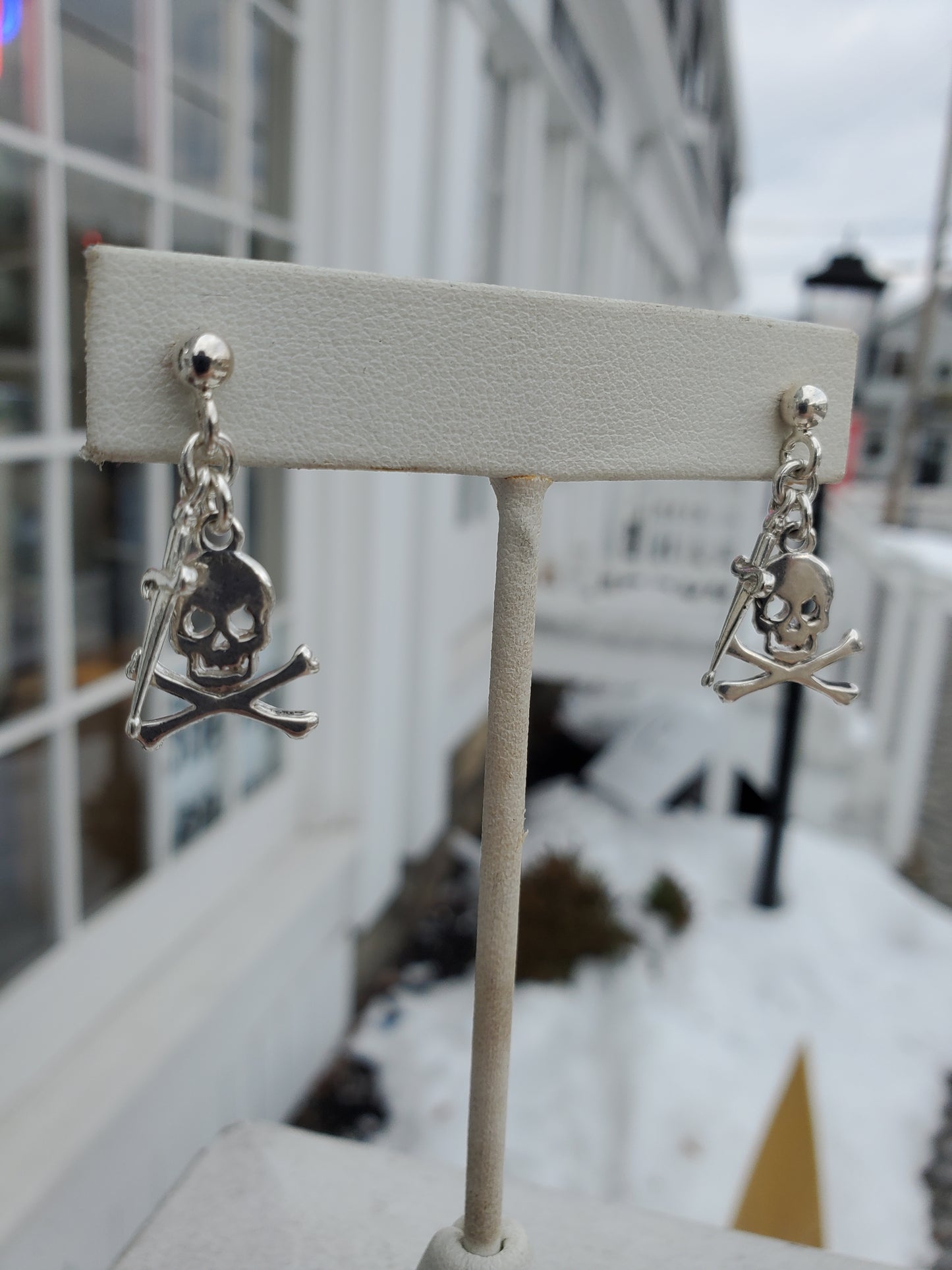 925 Sterling Silver Skull & Dagger Crossbones Dangle Earrings