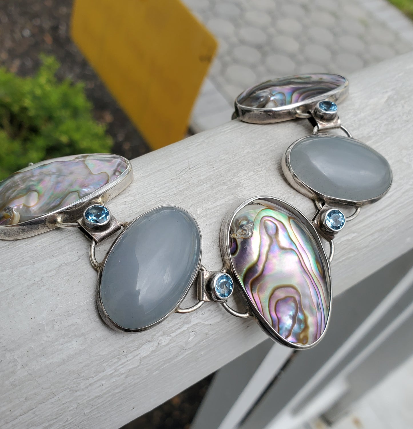 925 Sterling Silver Abalone, Gray Moonstone & Blue Topaz Large Stone Bracelet