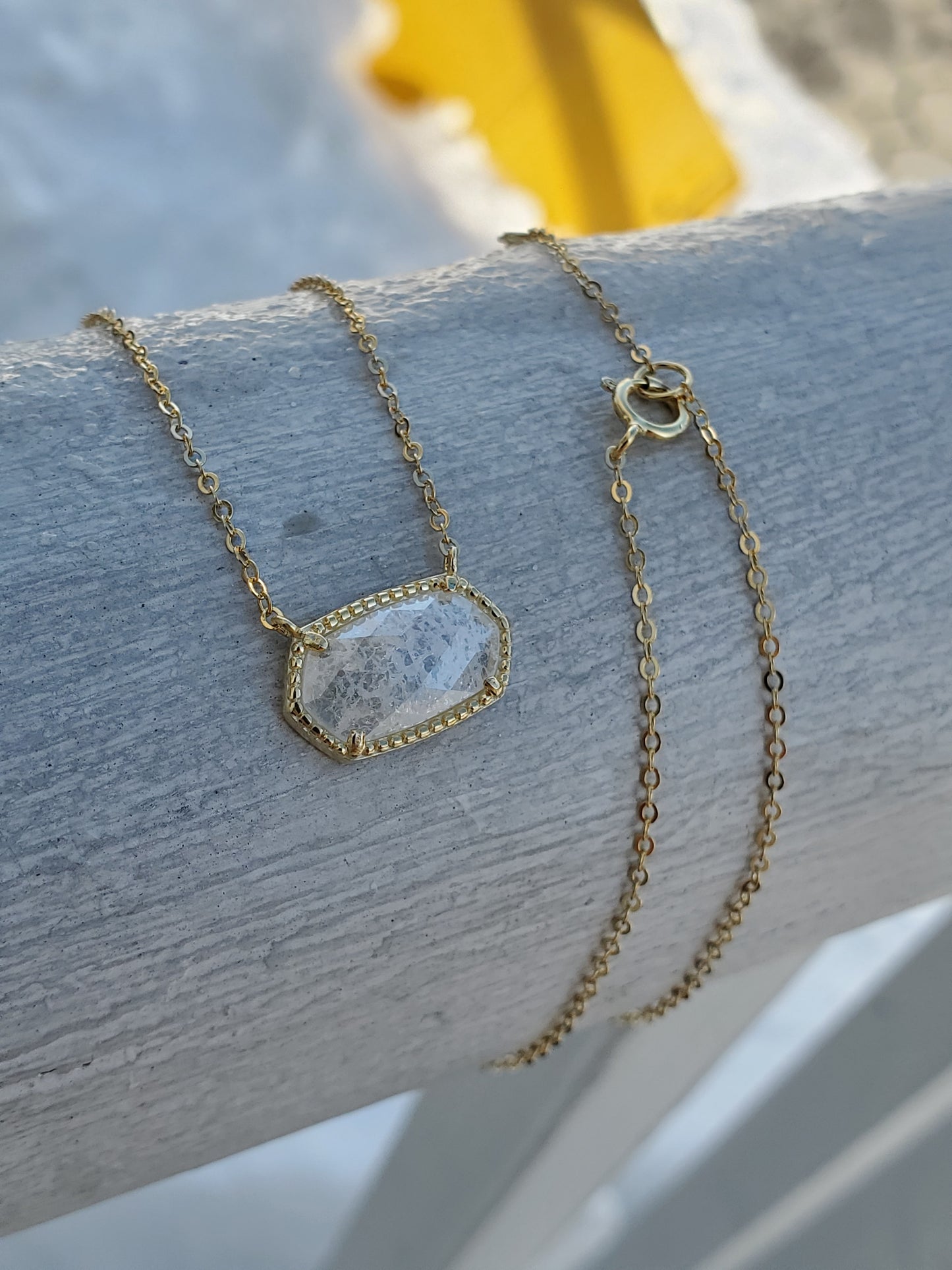 925 Sterling Silver Vermeil Kendra Scott Style Clear Crackle Quartz Crystal Necklace