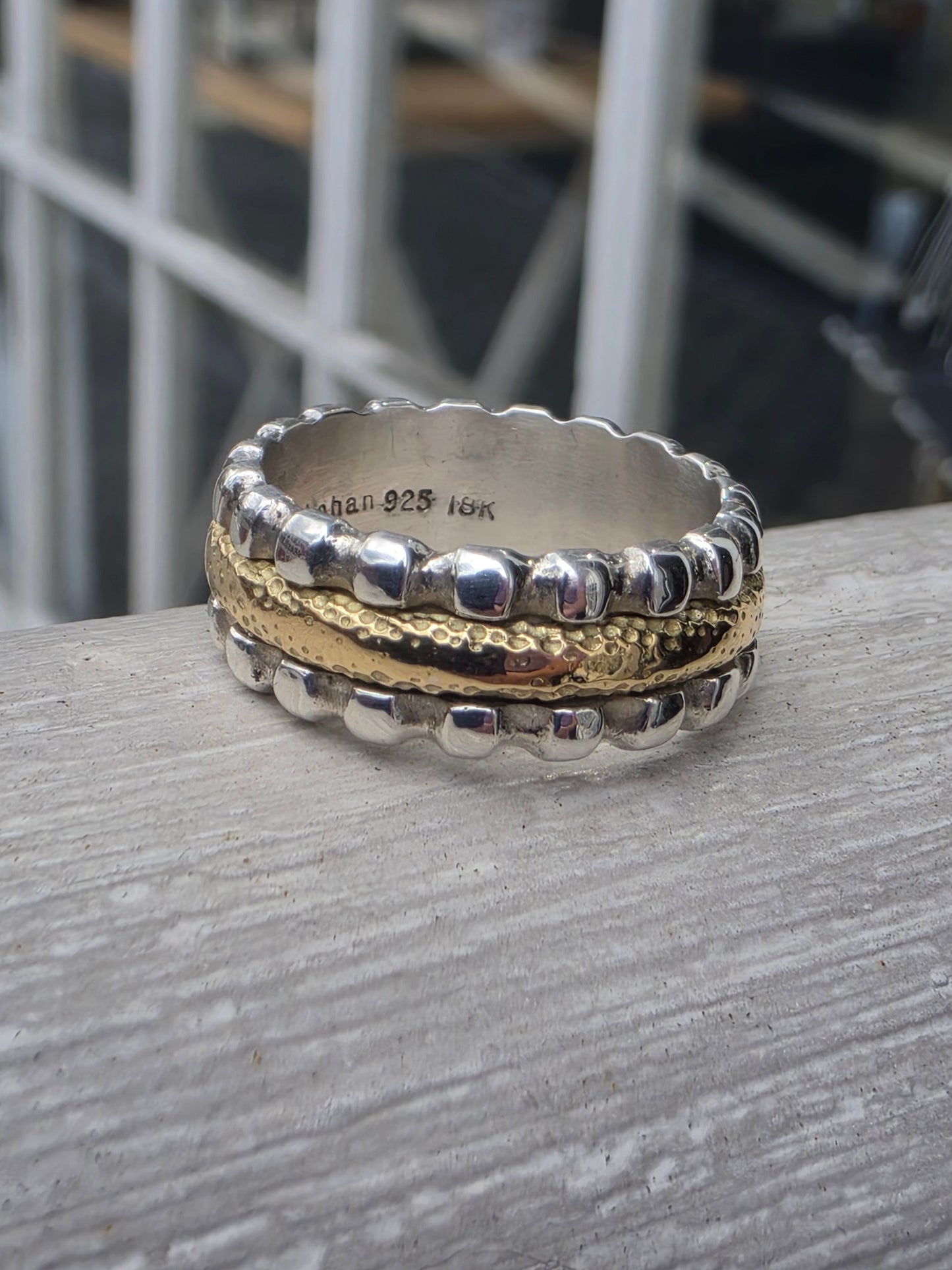 925 Sterling Silver & Solid 18k Gold Designer Jane J Bohan 7.5mm Band Ring