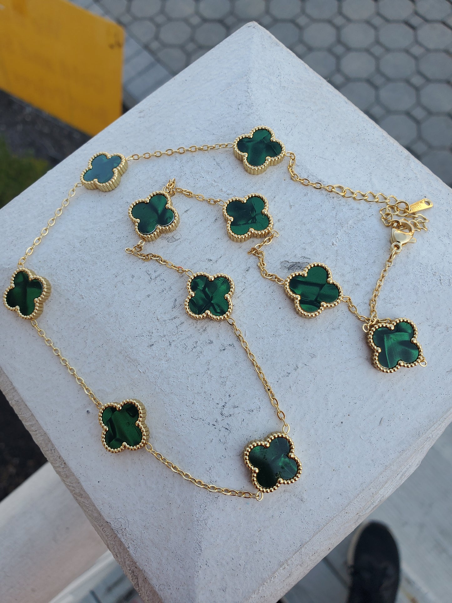 Stainless Steel Gold Color Green Clover Station Van Cleef Style Necklace 18”-20”