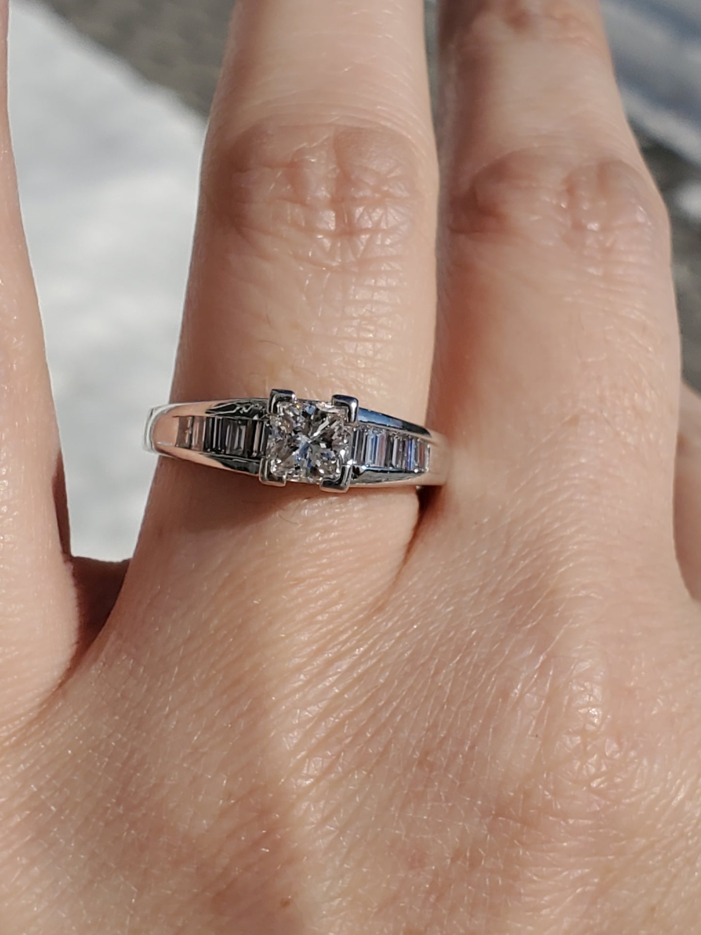 14k White Gold Natural Princess Cut Diamond Engagement Ring w/ channel set emerald cut sides