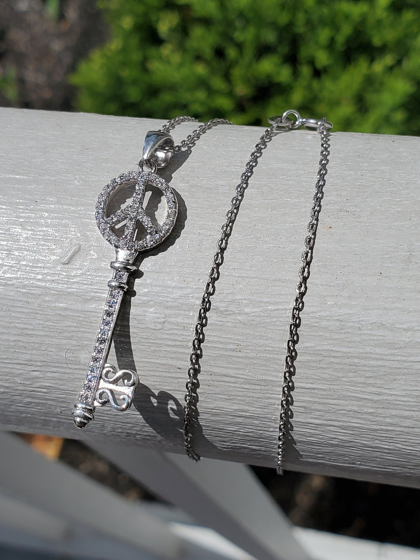 925 Sterling Silver Peace Sign Skeleton Key CZ Zirconia Pendant Necklace