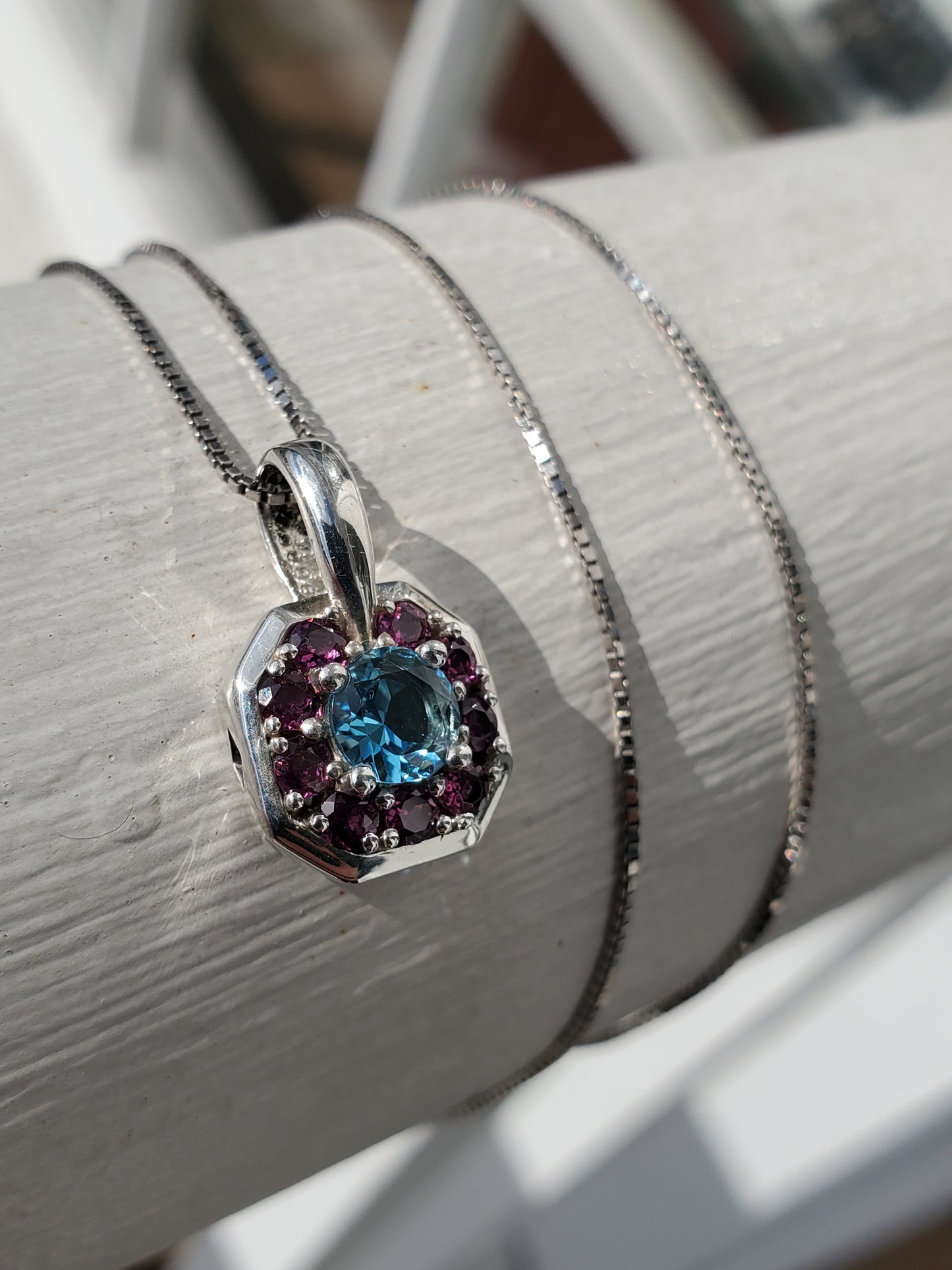 925 Sterling Silver Blue Topaz & Amethyst Octagon Cluster Necklace