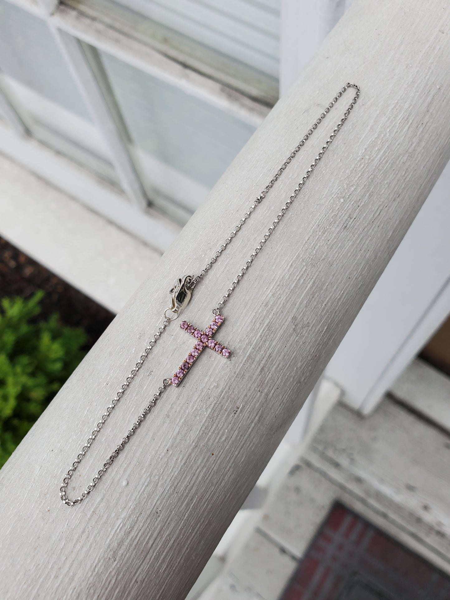 925 Sterling Silver Pink Cross Cable Link Anklet