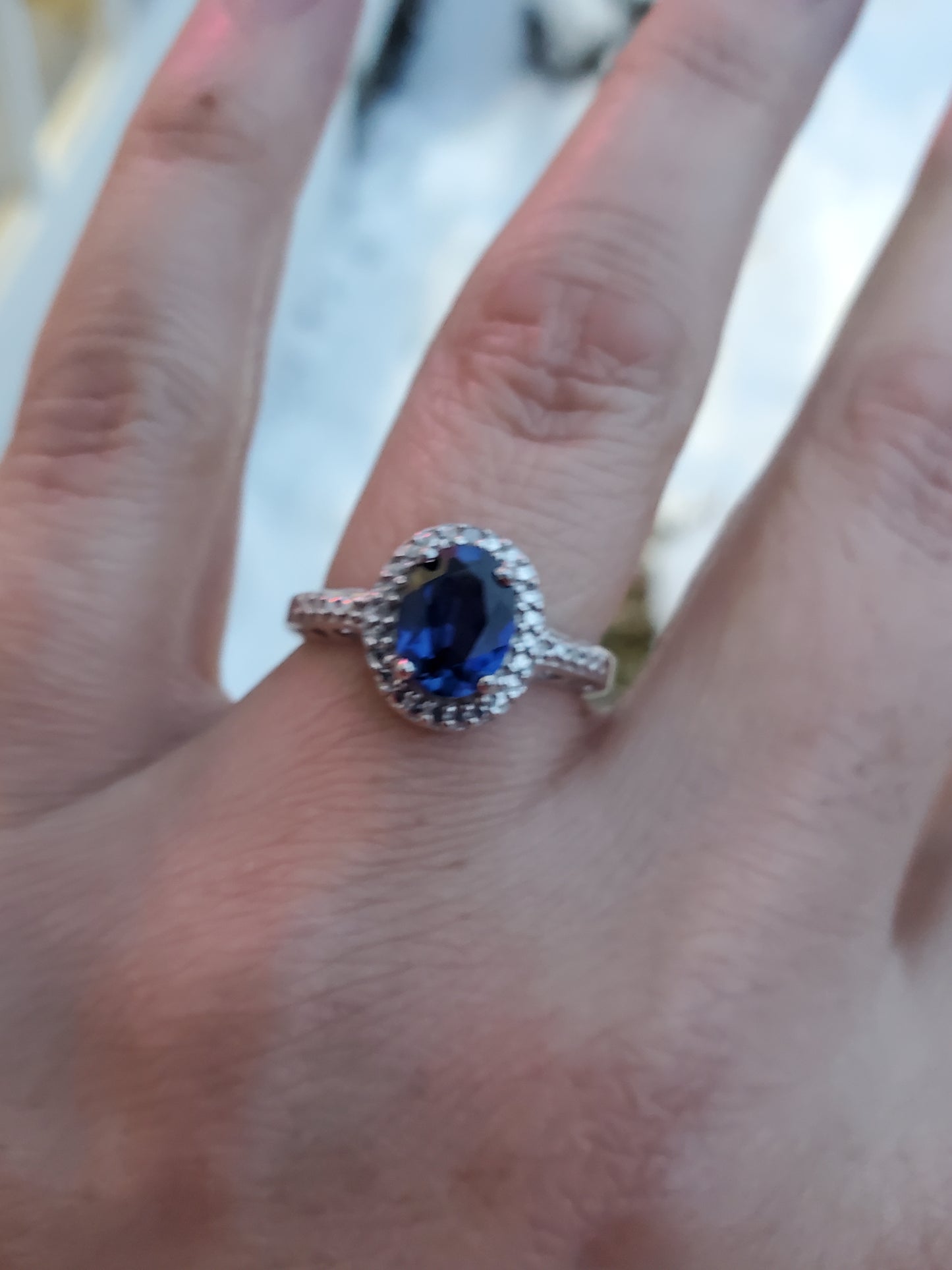 925 Sterling Silver Simulated 1ct Oval Sapphire & Diamond Halo Ring