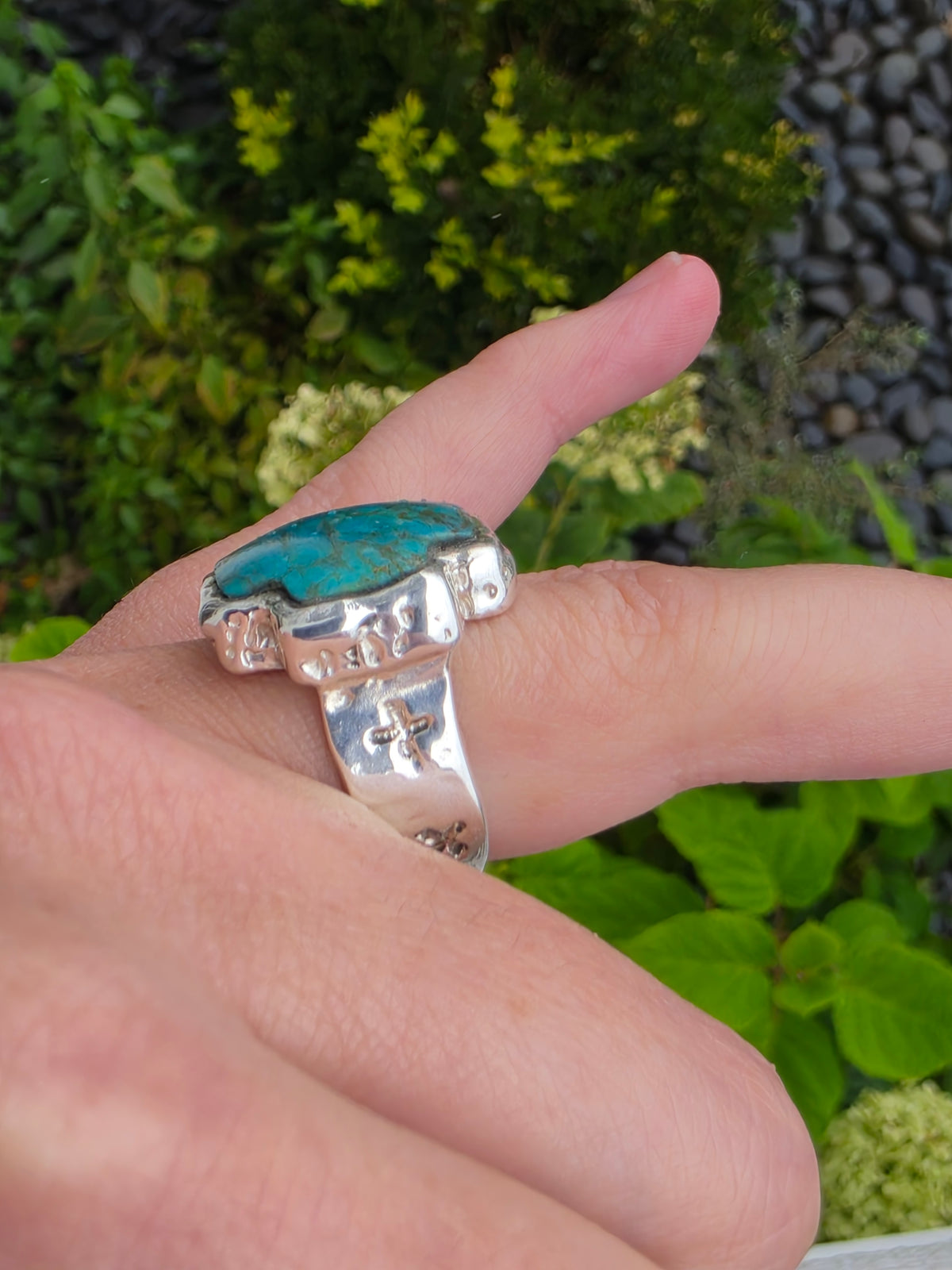 925 Sterling Silver Designer PAZ Natural Turquoise Cross Stone Ring