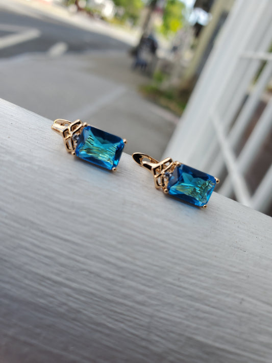 Stainless Steel Gold Plated Simulated Blue Topaz Leaversnap Earrings
