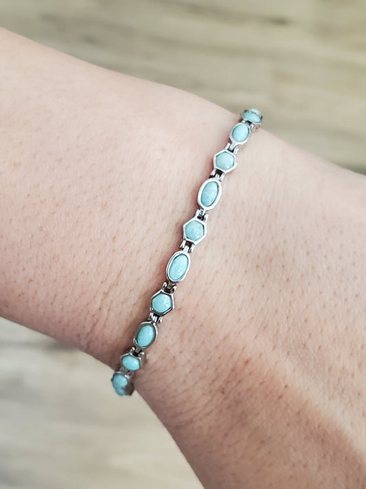 925 Sterling Silver Bezel Set Larimar Natural Stone Bracelet