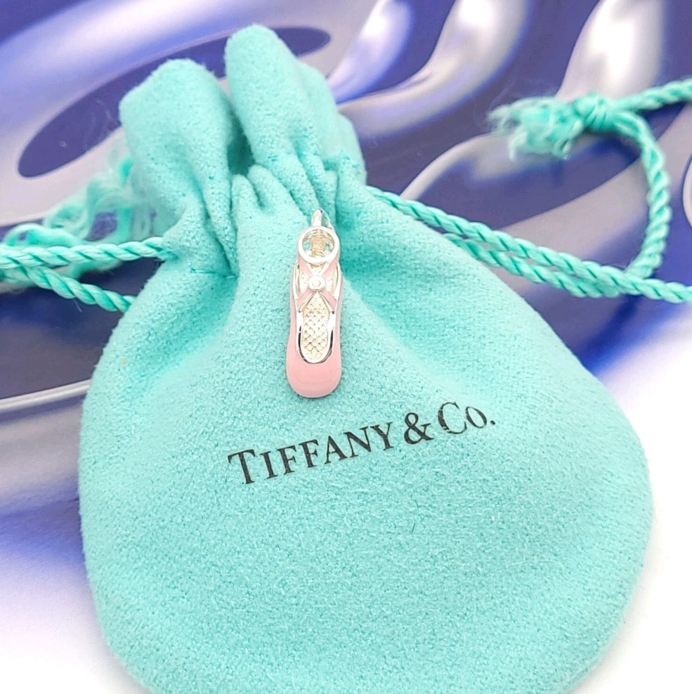 Retired Tiffany & Co. Sterling Silver Pink Enamel Diamond Ballet Ballerina Shoe Slipper Charm Pendant