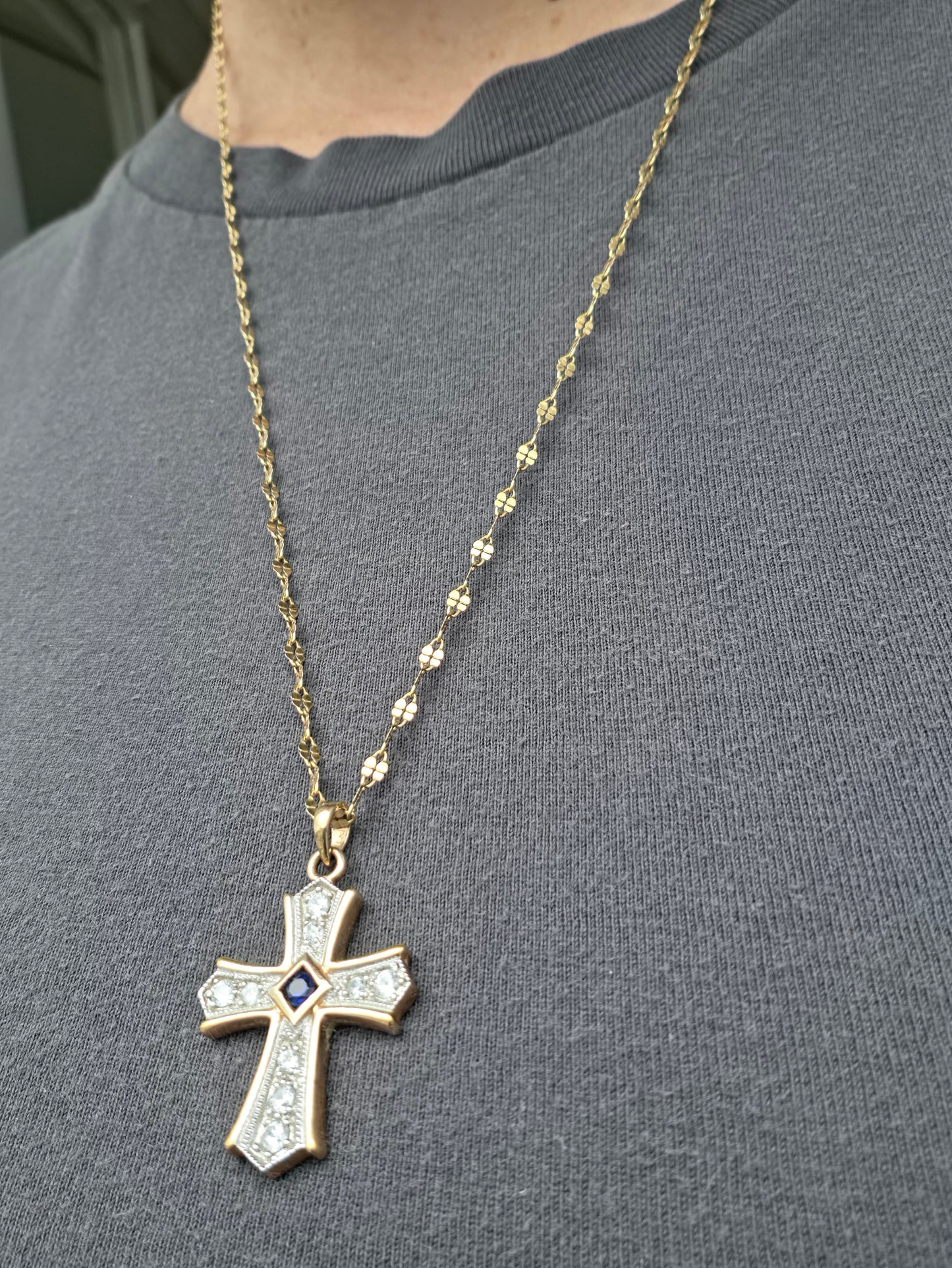 925 Sterling Silver Vermeil Two-Tone Princess Cut Lab Sapphire & Zirconia CZ Cross Necklace
