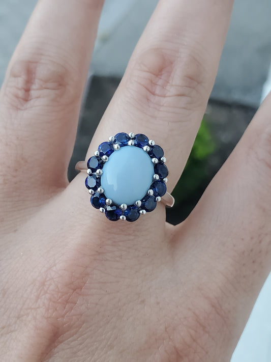 925 Sterling Silver Ladies Oval Blue Chalcedony & Simulated Sapphire Halo Ring
