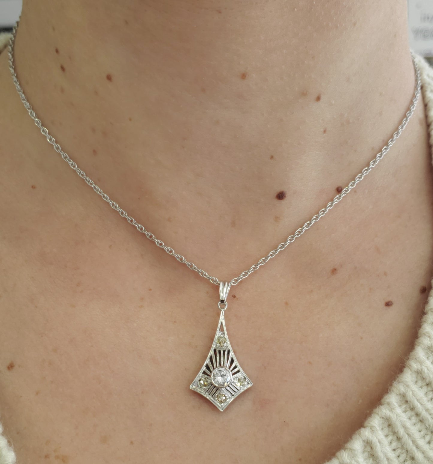 14k Solid White Gold Antique Vertical Diamond Art Deco Pendant Necklace