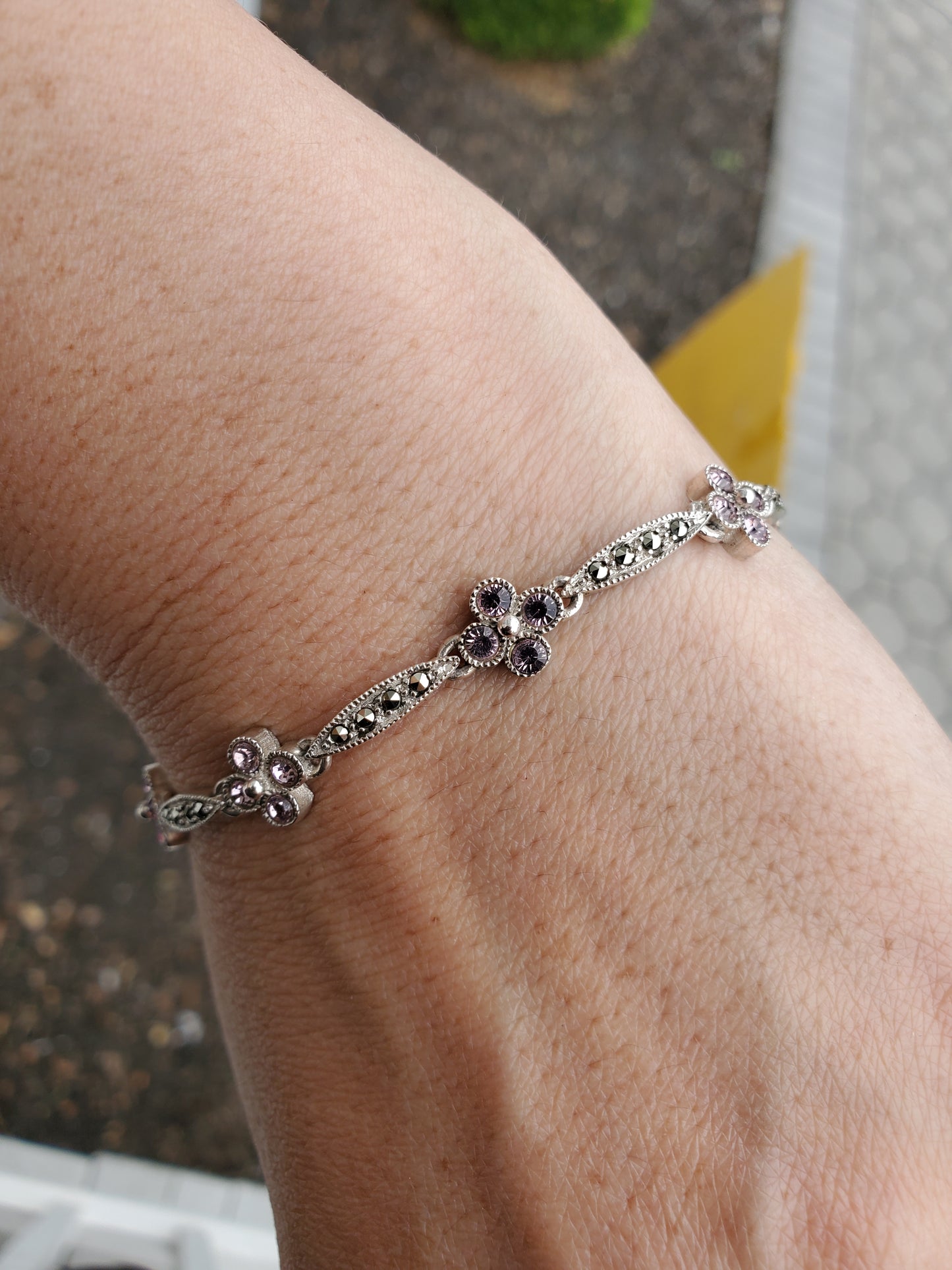 925 Sterling Silver Pink Zirconia & Marcasite Flower Bracelet 7.5”
