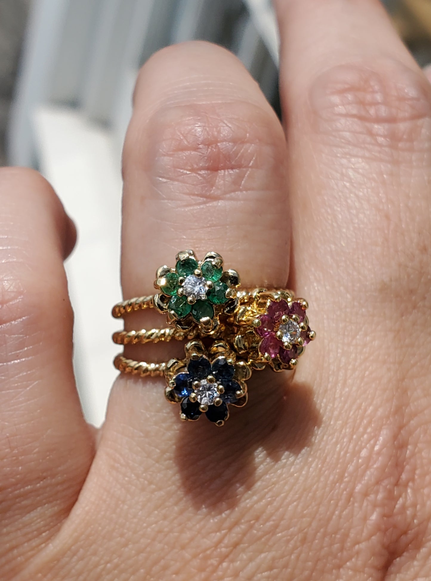 925 Sterling Silver Vermeil Natural Sapphire, Ruby, Emerald, & Diamond Flower Stack Rings