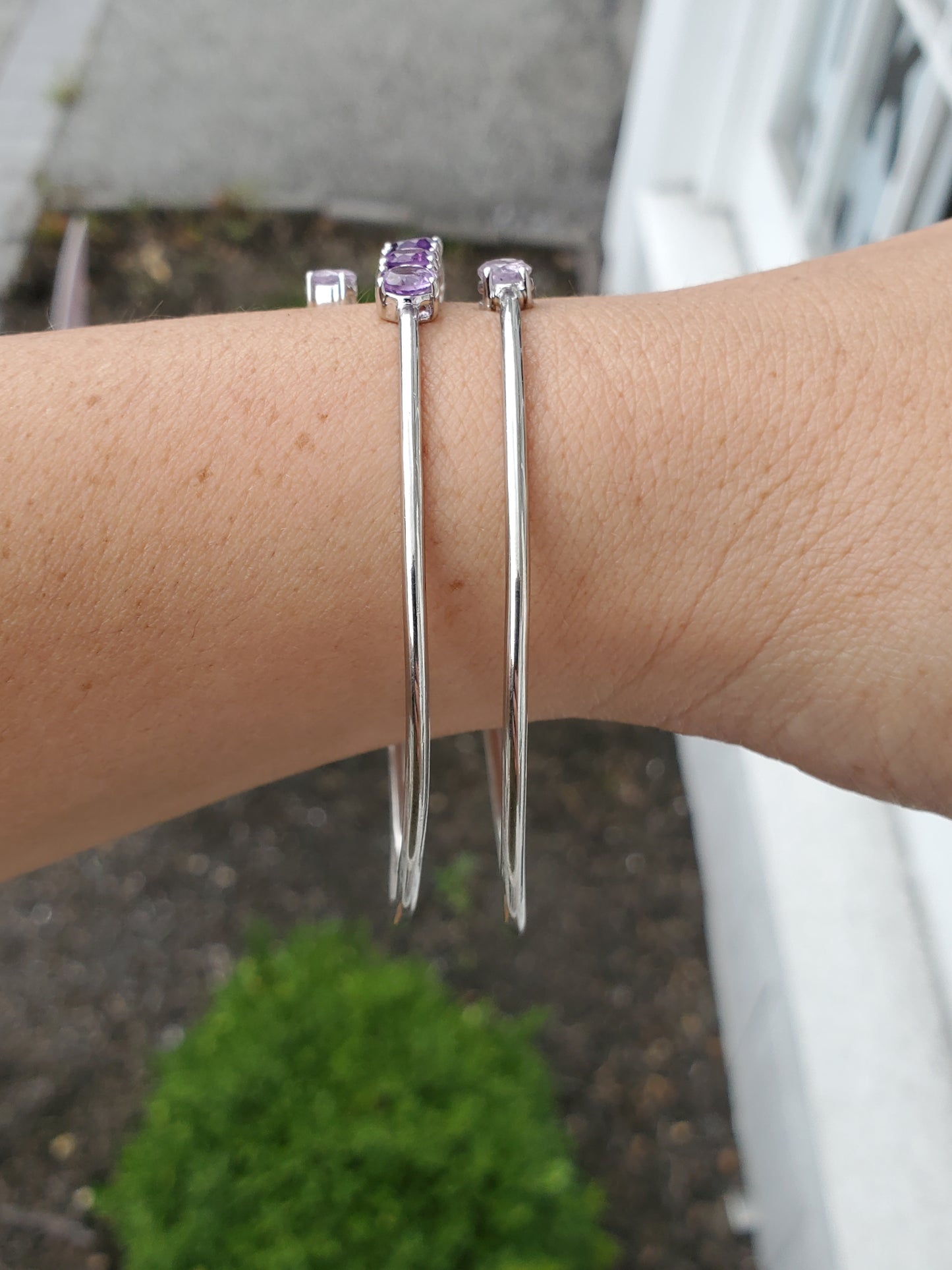 925 Sterling Silver Amethyst Triple Wrap Wire Bangle Bracelet