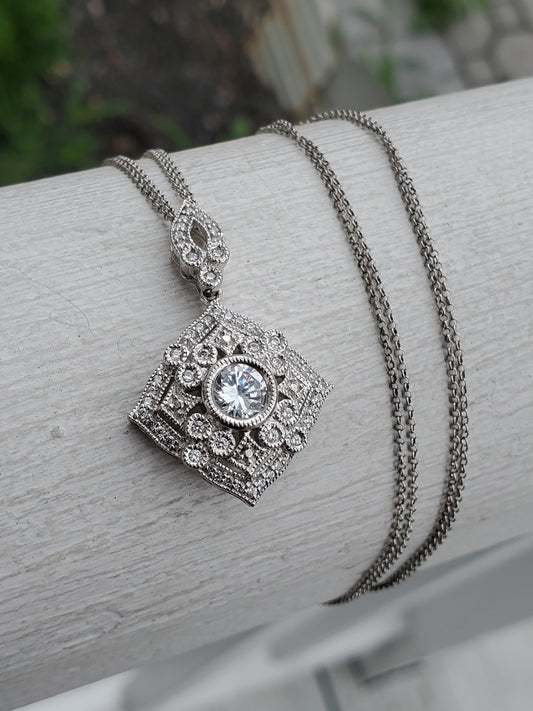 925 Sterling Silver "Sparkling Prestige" Filagre Bezel Set Zirconia Necklace w/ Embellishments