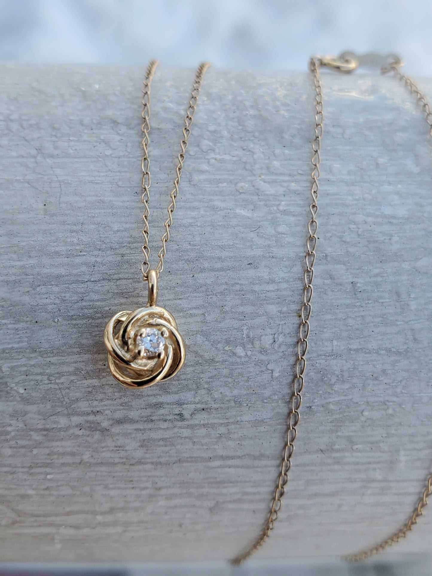 14k Solid Gold Petite Diamond Solitare Love Knot Necklace