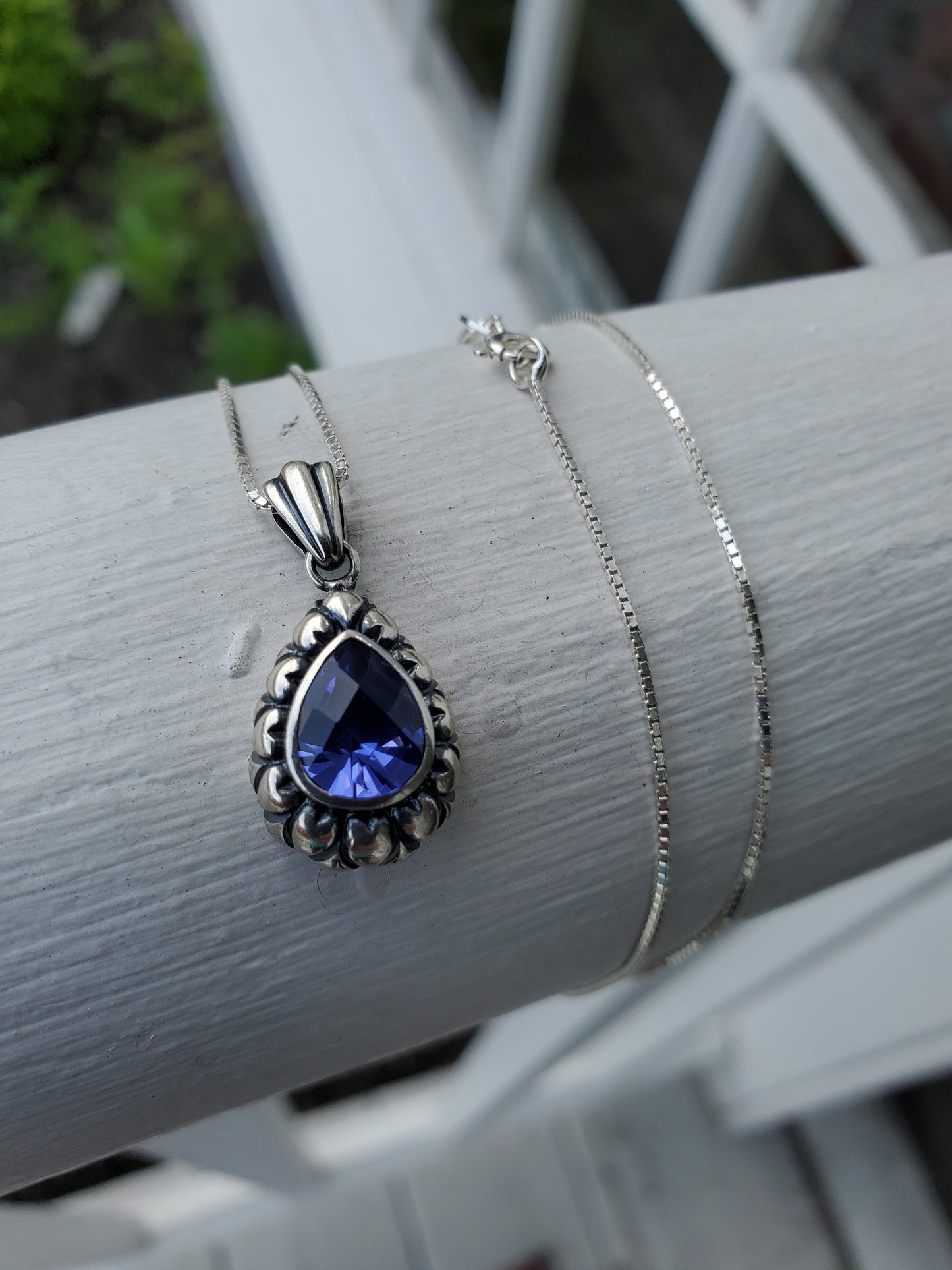 925 Sterling Silver Simulated Tanzanite Teardrop Necklace