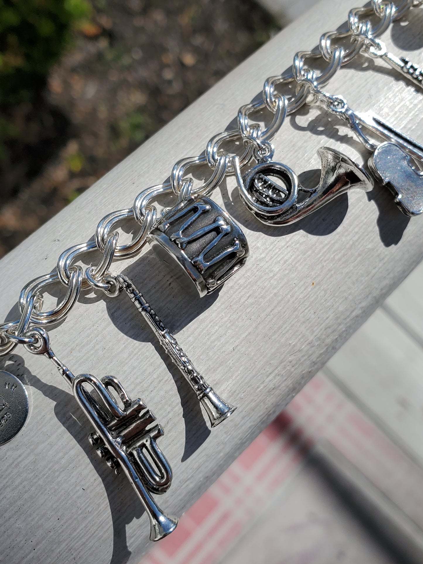925 Sterling Silver Vintage 3D Musical Instrument Charm Bracelet