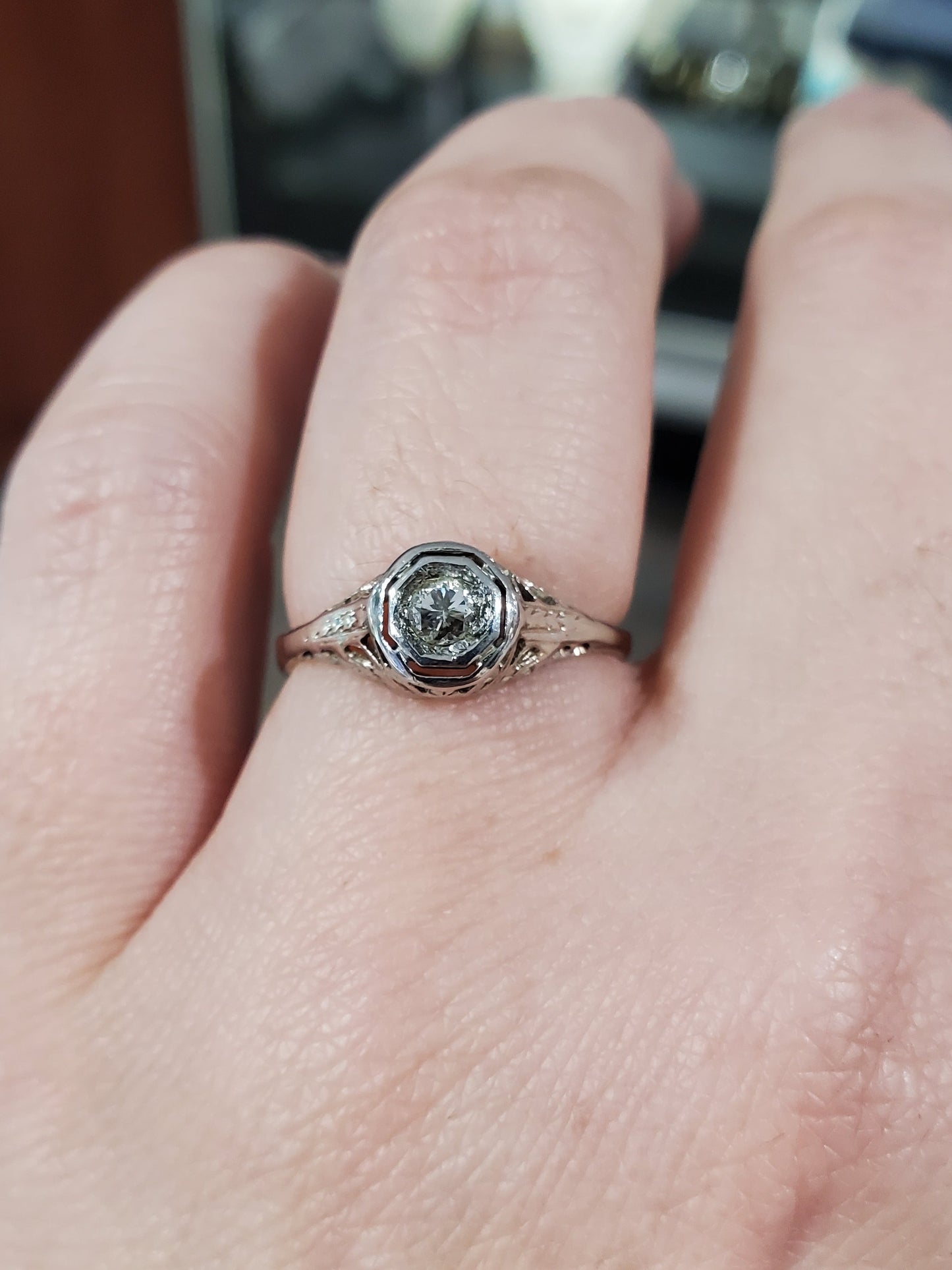 14k Solid White Gold & Platinum Antique Diamond Ring