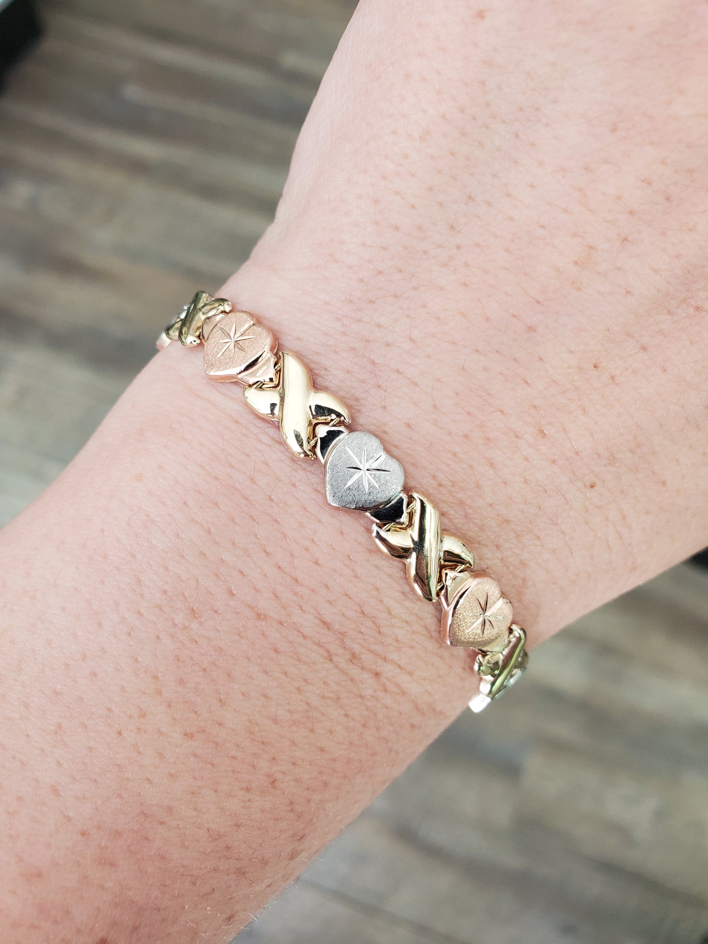 14k Solid Gold Tri-color xoxo hugs and kisses bracelet