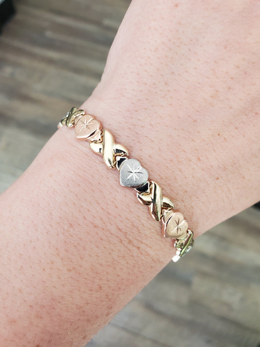 14k Solid Gold Tri-color xoxo hugs and kisses bracelet