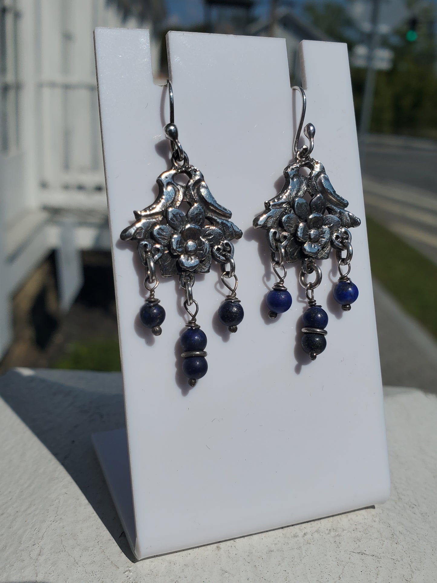 925 Sterling Silver Love Birds Floral Beaded Blue Lapis Dangle Earrings