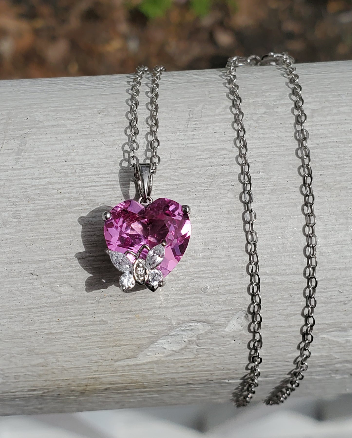 925 Sterling Silver Hot Pink Heart Butterfly Zirconia CZ Necklace
