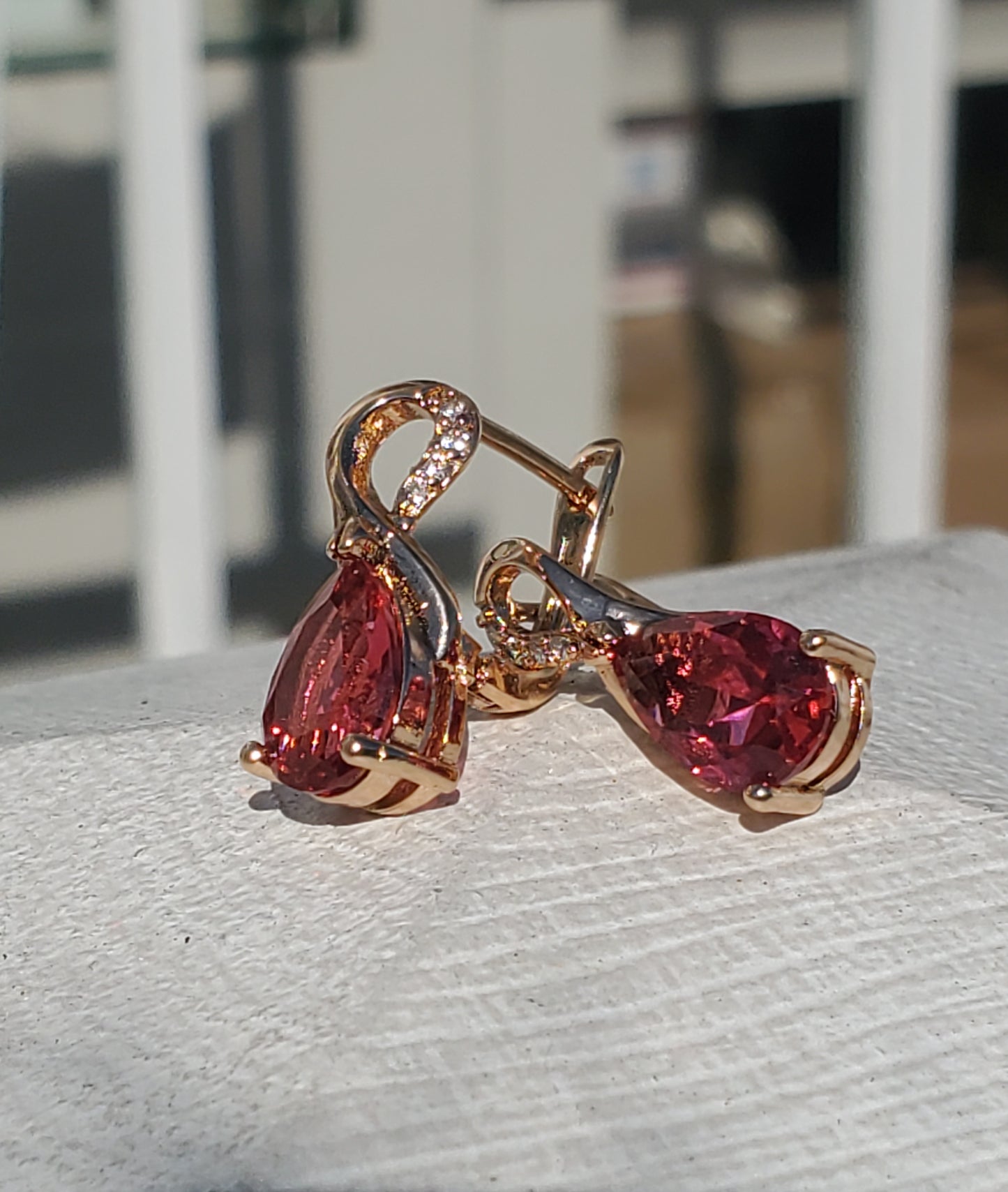 Stainless Steel Rose Vermeil Pear Shape Fushia Crystal Earrings