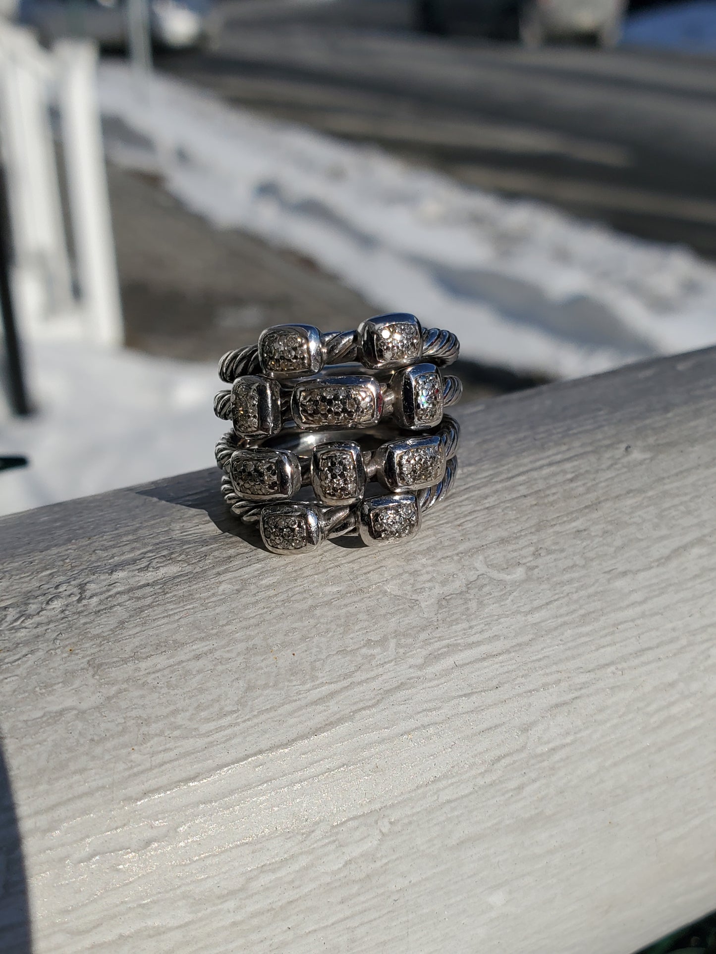 925 Sterling Silver Designer David Yurman 4-Row Confetti Twisted Cable Diamond Ring