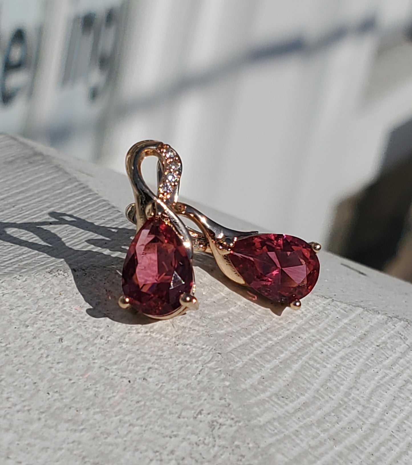Stainless Steel Rose Vermeil Pear Shape Fushia Crystal Earrings